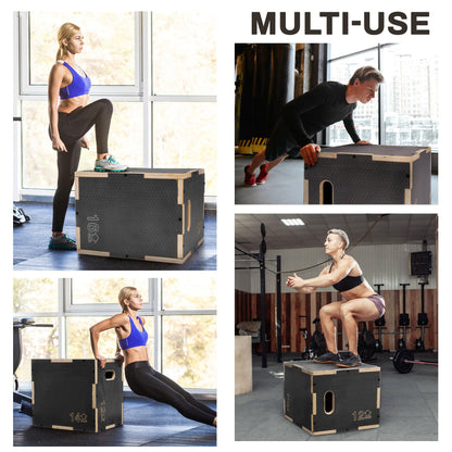 Fitvids 16" x 14" x 12" Non-Slip Wooden Plyo Box Jump Exercise Platform, Plyometric Workout Equipment for Home Gym, Training Step Box, Black