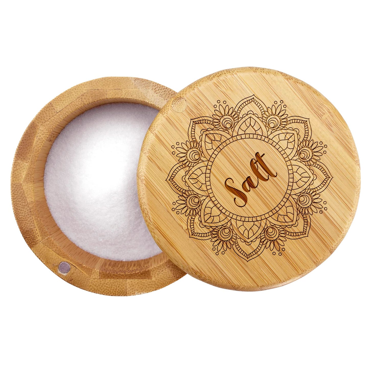 Totally Bamboo Salt Cellar Bamboo Storage Box with Magnetic Swivel Lid, 6 Ounce Capacity, Mandala Flower Engraved on Lid