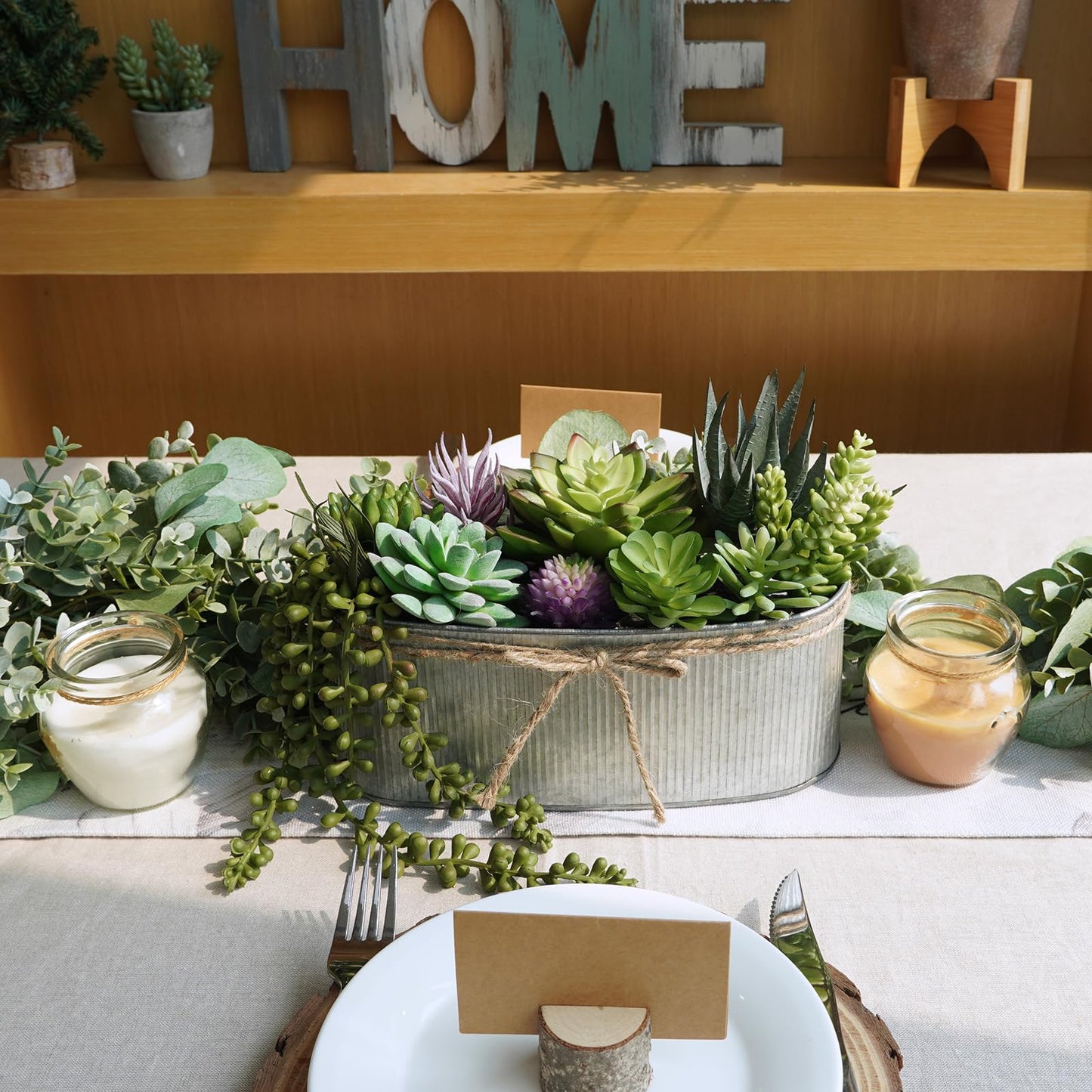 Winlyn 10" Artificial Succulent Arrangement Centerpiece Fake Succulent Plants in Rustic Metal Oval Planter Faux Potted Succulents for Home Office Bedroom Table Windowsill Shelf Mantel Decor