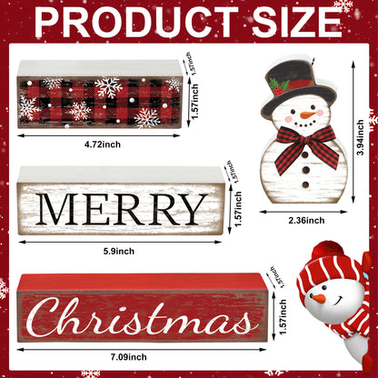 4 Pcs Christmas Table Decoration Snowman Wooden Block Merry Christmas Wood Centerpiece Xmas Red Buffalo Plaid Tabletop Sign Xmas Rustic Farmhouse Tiered Tray Decor for Winter Party Home Shelf Decor