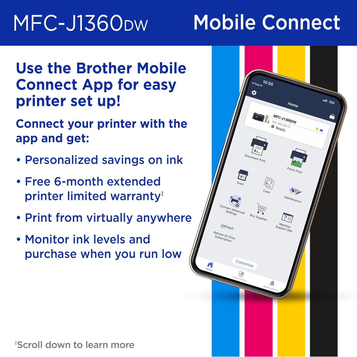 Brother Work Smart 1360 Wireless Color Inkjet All-in-One Printer with Automatic Duplex Printing and 1.8” Color Display | Includes Refresh Subscription Trial(1) (MFC-J1360DW) (Uses LC501 Series Inks)