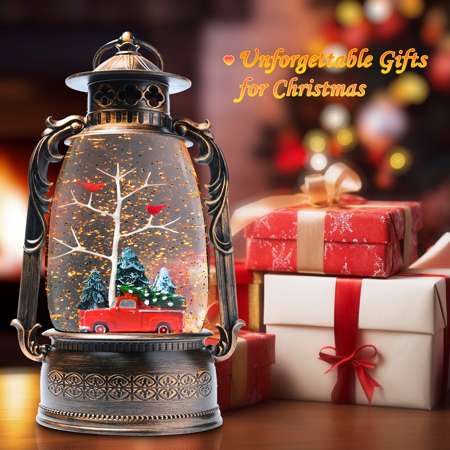 Extra Large Christmas Snow Globes Christmas Lantern, 13.8" Cardinal Musical Snow Globe 8 Songs 6H Timer Music Box Dual Power Snowglobes for Kids Adults Red Truck Lighted Christmas Decor Indoor Gifts