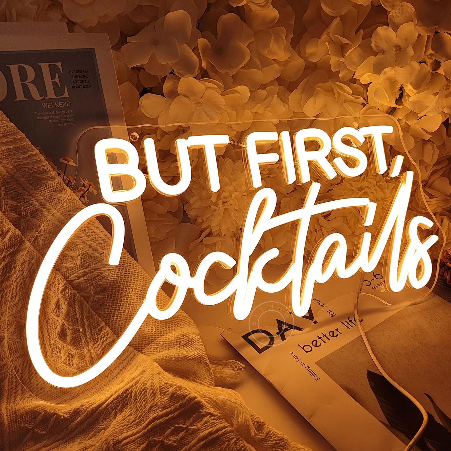 SYLHOME But First Cocktails Led Neon Light Sign Home Bar Shop Bedroom Man Cave Wall Sign Decor Wedding Birthday Party Light Up Sign Celebrate Backdrop USB 15.75"X7.9"