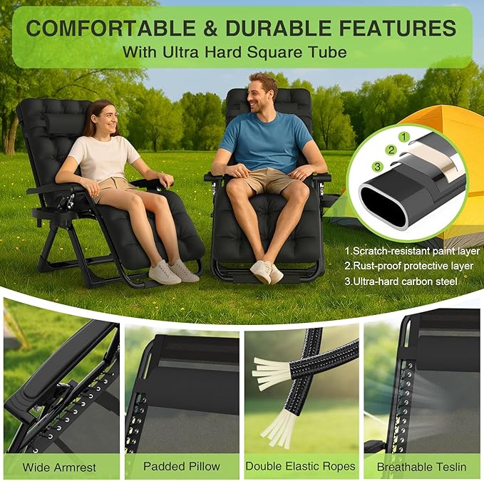 Suteck Zero Gravity Chair Set of 2, Reclining Camping Lounge Chair w/Removable Cushion, Upgraded Lock and Cup Holder, Reclining Patio Chairs Folding Recliner for Indoor and Outdoor