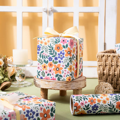 WRAPAHOLIC Kraft Floral Wrapping Paper Roll - Mini Roll - 17 Inch x 33 Feet - Ditsy Flower Wrapping Paper, Perfect for Wedding, Birthday, Bridal Shower, Tea Party