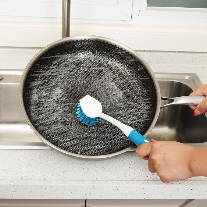 Dish Brush with Handle, 2 Pack Scrub Brushes with Built-in Scraper