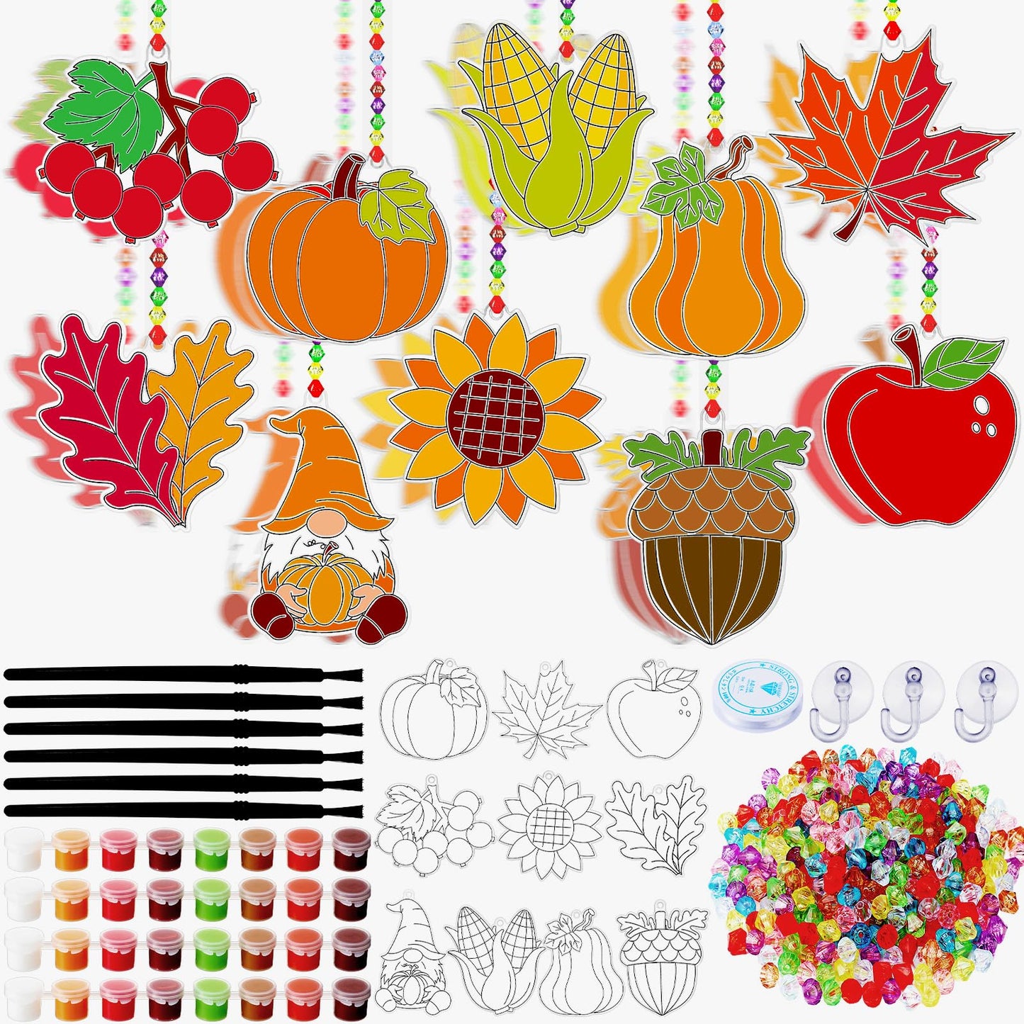 Beeveer 30 Sets Fall Plant Suncatchers Art Kits DIY Thanksgiving Pumpkin Maple Leaf Acorn Suncatcher Crafts Paint Your Own Window Ornaments for Boys Girls Autumn Classroom School Activity Party Favor