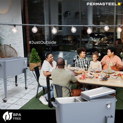 Permasteel Party Cooler with Divider, Spacious 80-Qt Capacity, Chills 36hrs, Serving Tray, Rolling Ice Chest for Indoor and Outdoor Entertainment, Matte Blue