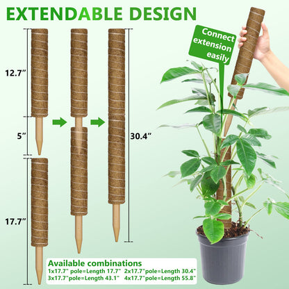 Moss Pole 56 Inch 142cm, 4 Pcs Moss Pole for Monstera, 45cm Coir Totem Pole Moss Stick for Climbing Plants Indoor Monstera Support Extension, Train Potted Creepers to Grow Upwards, 65 Feet Twist Tie