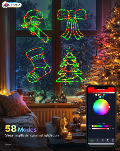 4 Pack Smart Christmas Window Lights, Christmas Window Silhouette Lights, Christmas decorations indoor,Custom & Preset Modes,APP Control Candy Cane,Christmas Tree,Bow,Christmas Stocking for Door Glass