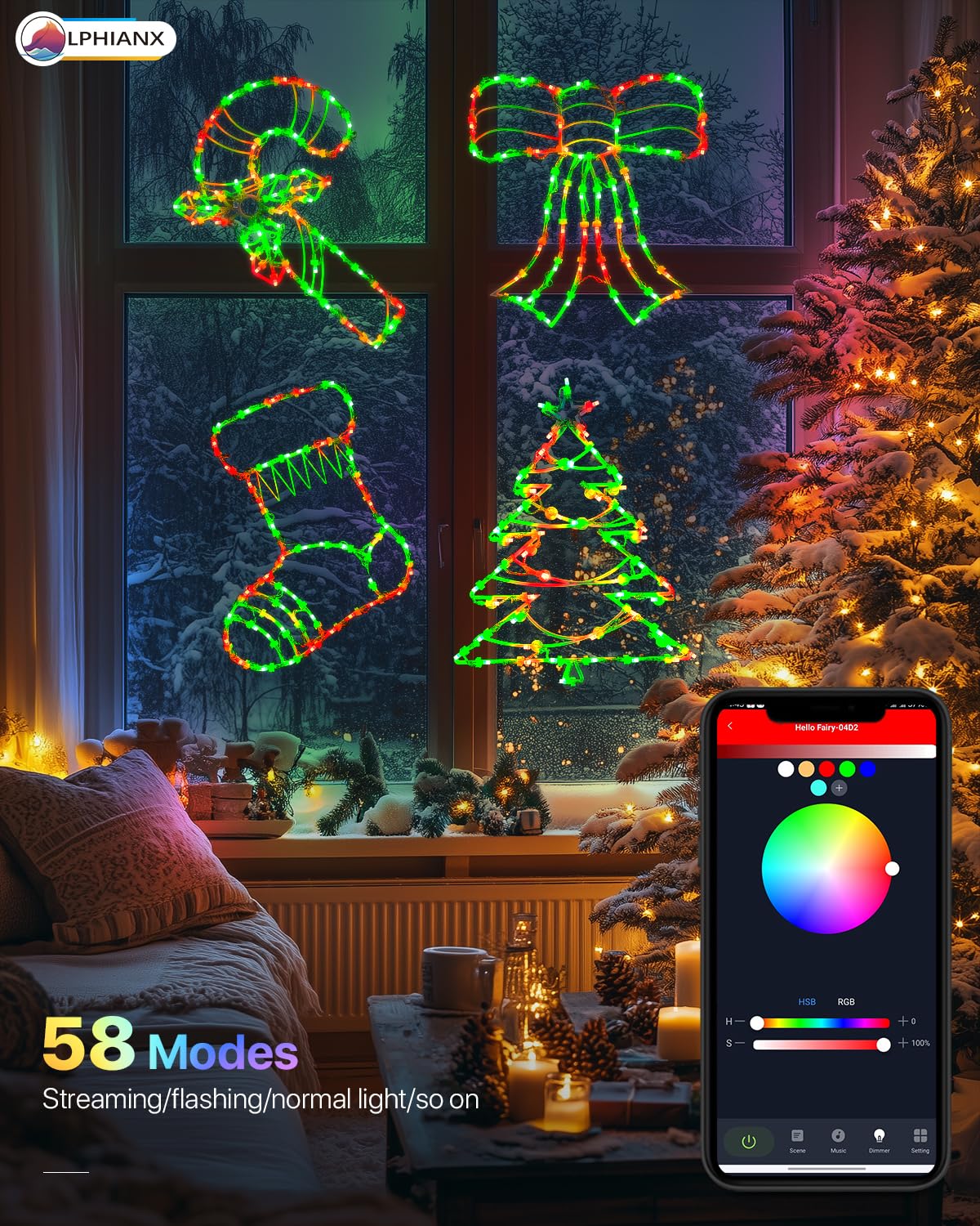 4 Pack Smart Christmas Window Lights, Christmas Window Silhouette Lights, Christmas decorations indoor,Custom & Preset Modes,APP Control Candy Cane,Christmas Tree,Bow,Christmas Stocking for Door Glass