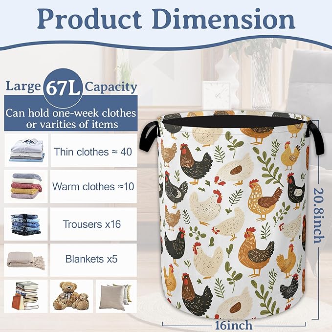 Rooster Hen Chick Laundry Basket, Foldable Waterproof Oxford Cloth Tote Bag