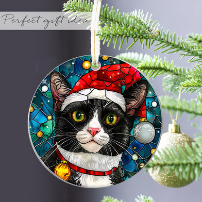 Fastpeace Tuxedo Cat Christmas Ornament with Santa Hat – Stained Glass Style Tree Decoration – Cute Hanging Gift for Cat Lovers, Friends, and Family