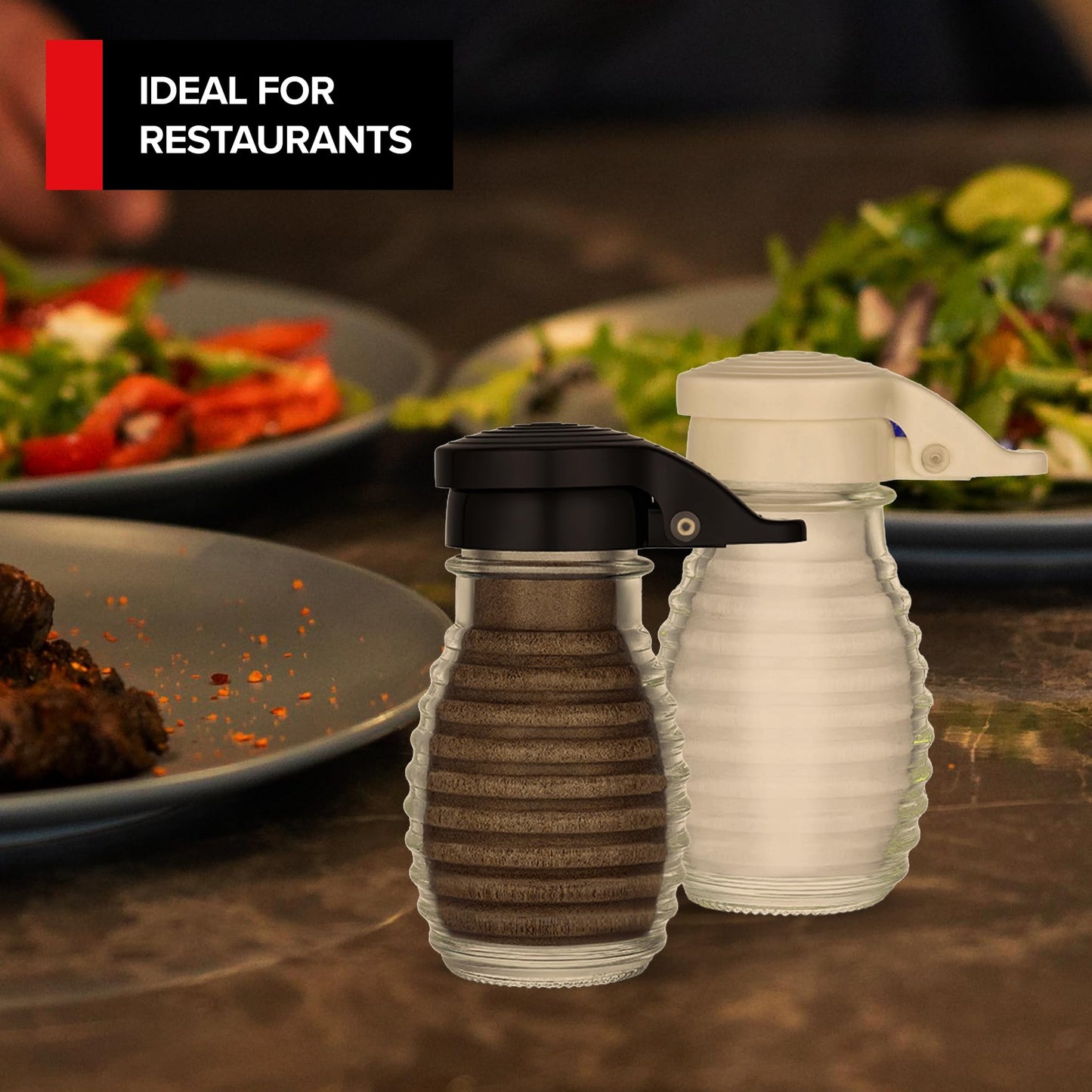 No Spill Salt & Pepper Shakers with Hinge Top, Moisture-Proof Lids- Honeycomb Glass table Salt and Pepper Shaker Set with Airtight, Self Closing Covers for Restaurants, Diners, Home & Cafes