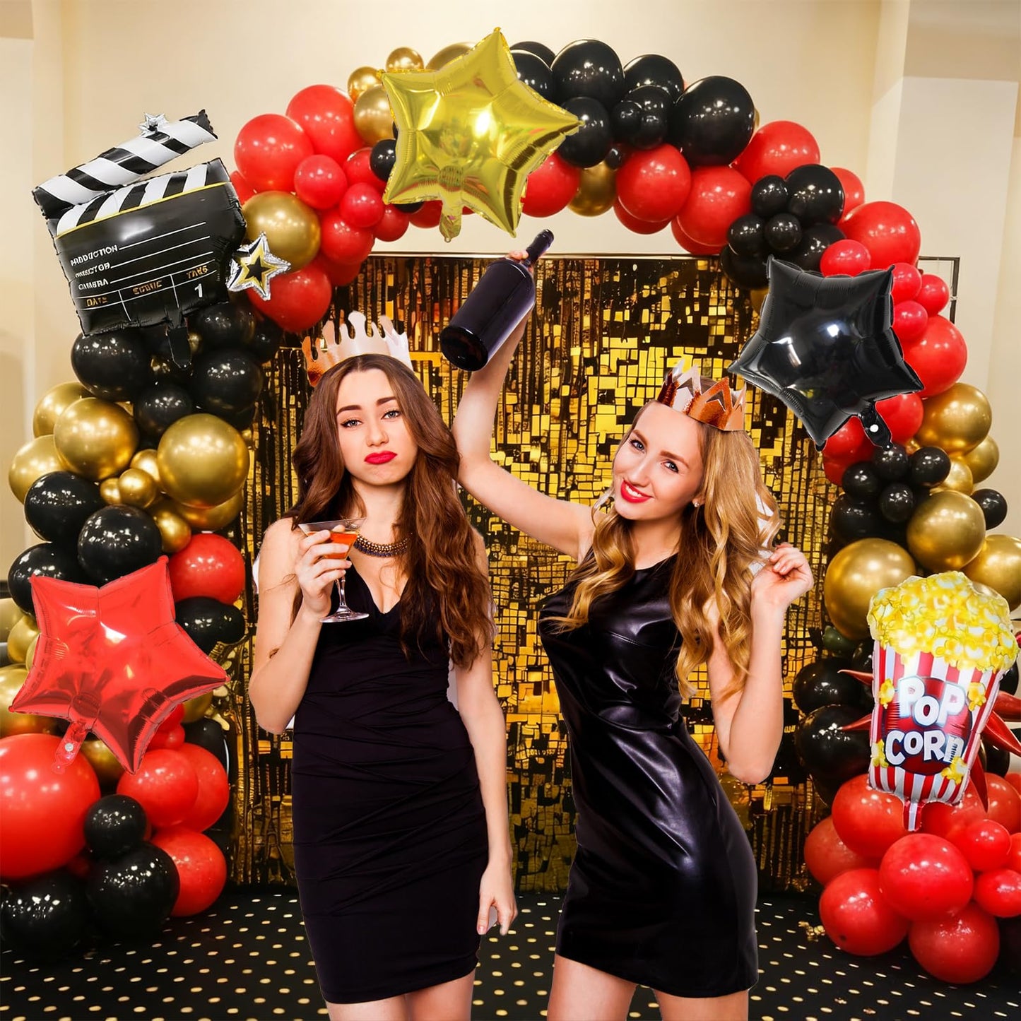 Movie Night Balloon Garland Arch Kit, Red Black Gold Confetti Balloons with Camera Star Popcorn Foil Balloons for Birthday Anniversaries Movie Theme Film Party Decorations
