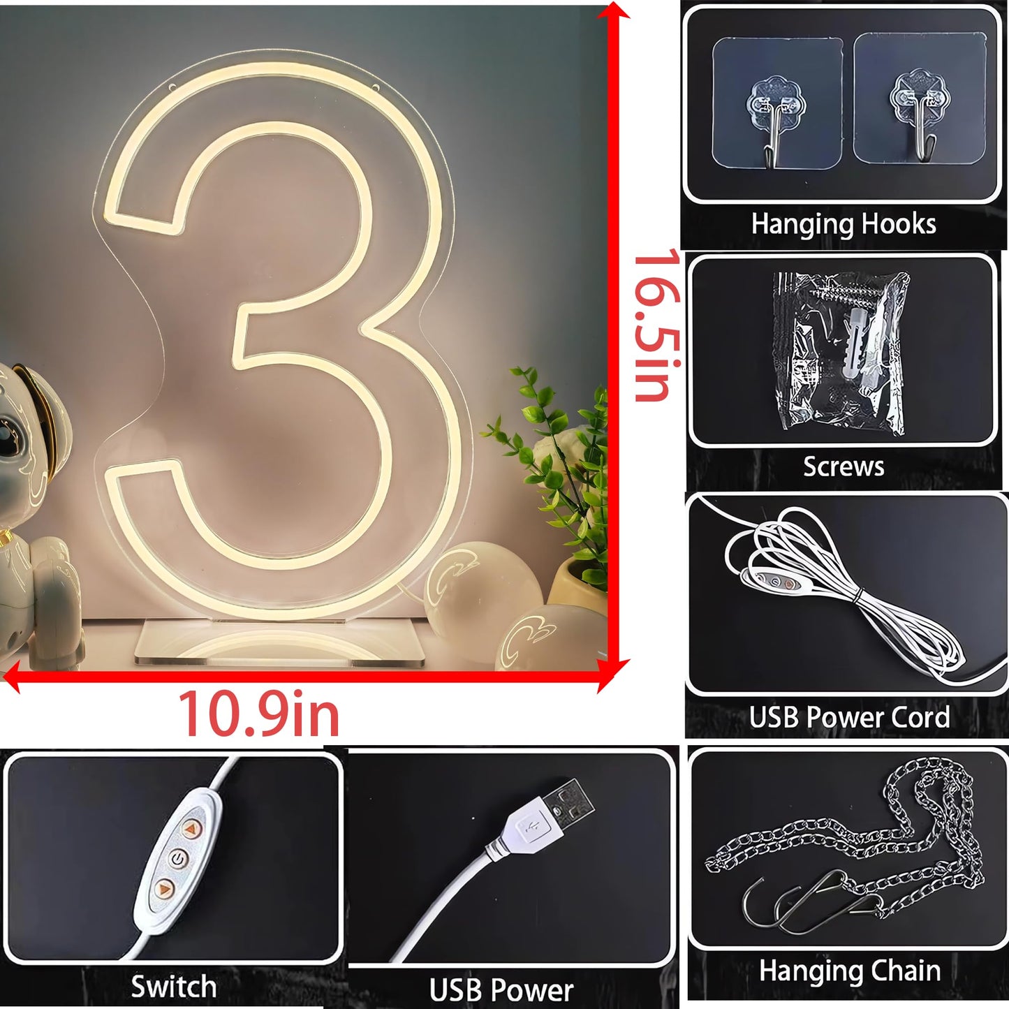 Neon Signs Number 3 Birthdays Decor Neon Lights Party USB Plus Battery Case Light up your baby's birthday with our Neon Number Three Sign (Number 3-Warm White)