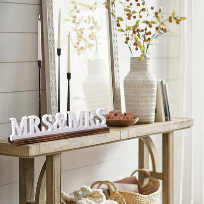 Sintosin Rustic Mrs and Mrs Wedding Decor Sign for Table 16 Inch, Handmade Distressed White Wooden LGBT Signs for Home Decor, Farmhouse Lesbian Wedding Reception Decorations Valentine