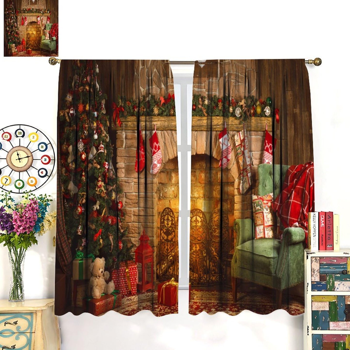 FengMingRui Christmas Window Curtain for Bedroom Fireplace Printed Window Treatment Winter Holiday Christmas Decor Window Drapes 52" W X 84" L