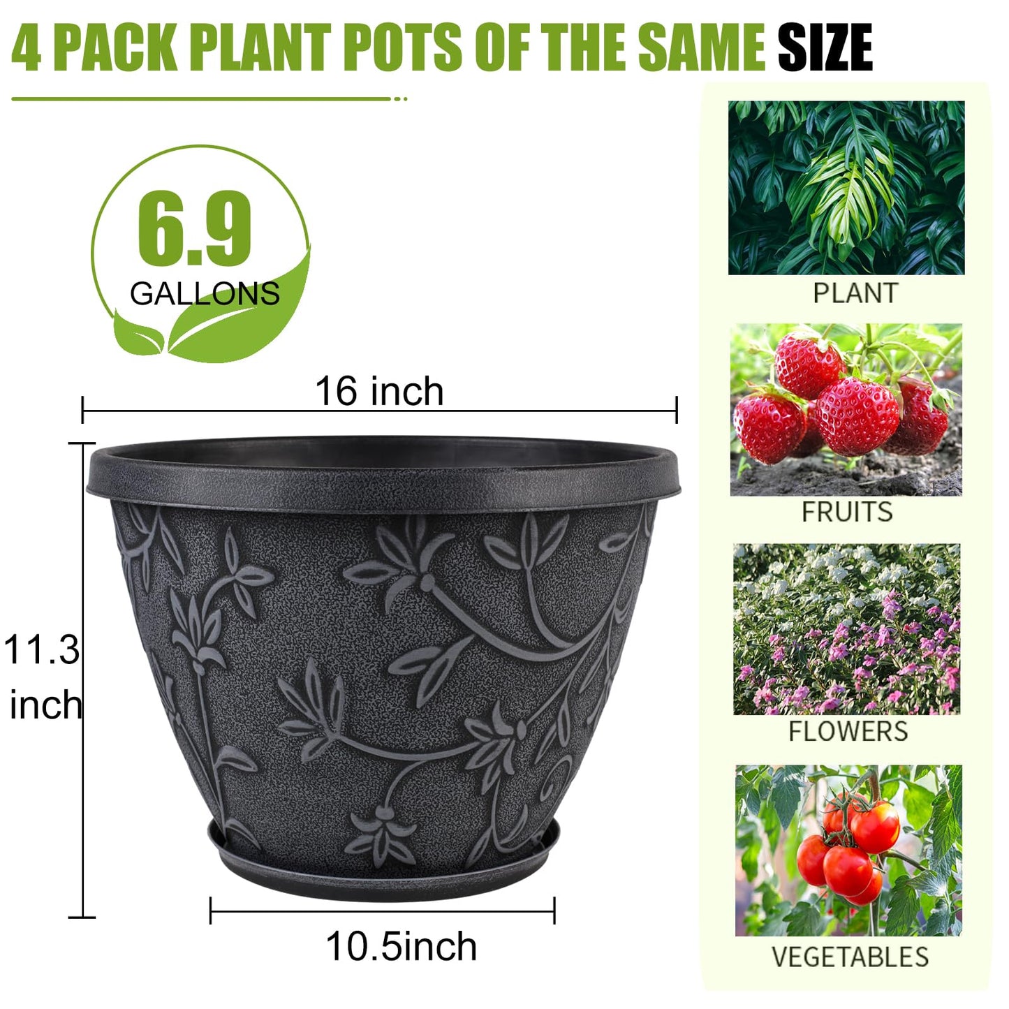Nooulap 4 Pack 16 Inch Large Plant Pot for Outdoor, Plastic Flower Pot Indoor with Drainage Hole & Saucer, Modern Decorative Garden Pot, Imitation Magnolia Garden Pots for House Planters（Gray）