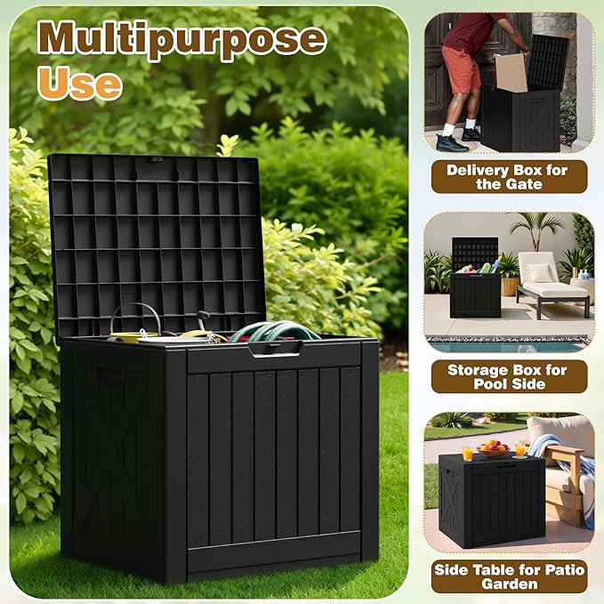 Flamaker Resin Deck Box 40 Gallon Waterproof Outdoor Indoor Storage Box Imitation Wood Resin for Patio Furniture Garden Tools and Pool (Black)