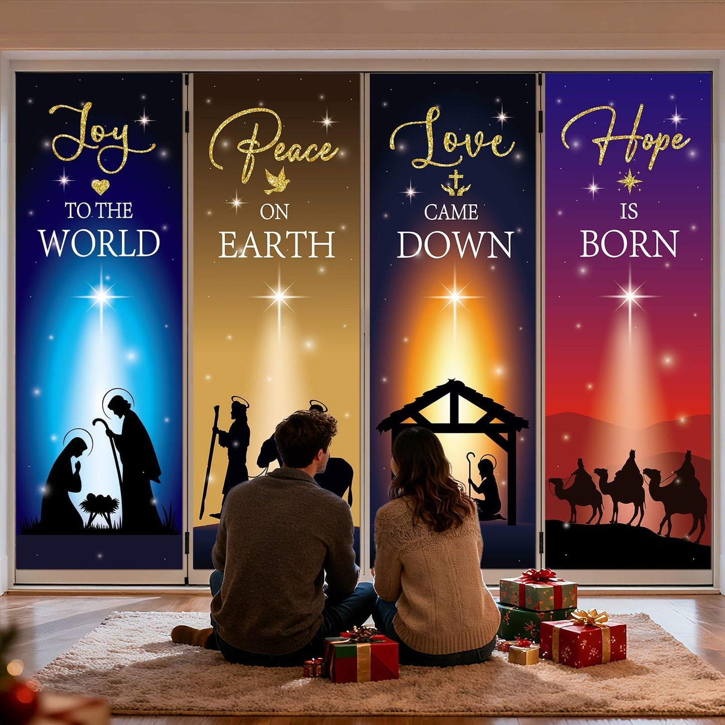 4Pcs Christmas Nativity Large Window Clings Decorations Religious Jesus Christmas Window Decals Nativity Scene Love Hope Joy Peace Double-Side Stickers for Xmas Holiday Party Home Church School Decor
