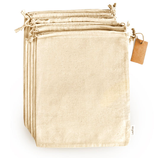LEAFICO Cotton Storage Bags – X-Large 14x17 Inch (6-Pack) – Reusable Muslin Bags with Drawstrings – Biodegradable Canvas Fabric Sacks – Perfect for Bread, Bulk Produce, Potatoes, Onions, Shoes