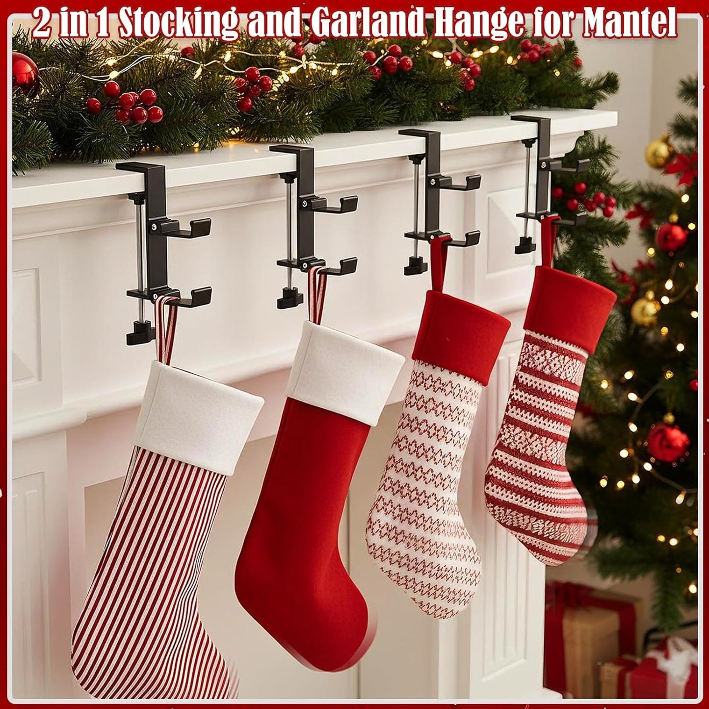 Clarmonde 4 Pack Stocking Holders for Mantle for Christmas Decorations,2 in 1 Mantle Garland Holder for Hanging Christmas Stockings,No Drilling Required & Adjustable Garland Hanger, Metal (4 Black)