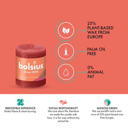 BOLSIUS 4 Pack Delicate Red Rustic Pillar Candles - 2.75 X 3.25 Inches - Premium European Quality - Includes Natural Plant-Based Wax - Unscented Dripless Smokeless 35 Hour Party Décor Candles