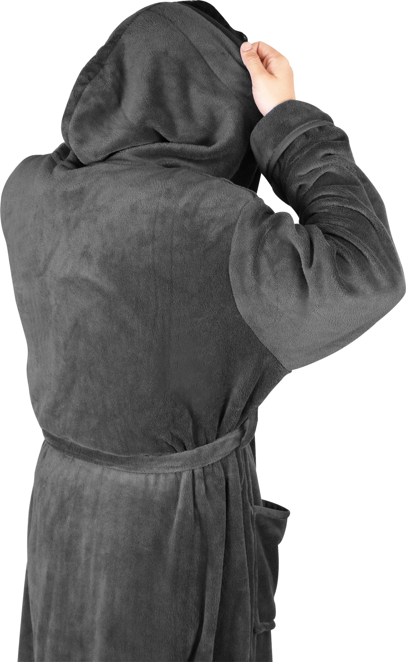 NY Threads Luxury Men’s Hooded Dressing Gown Super Soft Men’s Fleece Robe Cozy Hooded Plush Loungewear, Large, Dark Grey