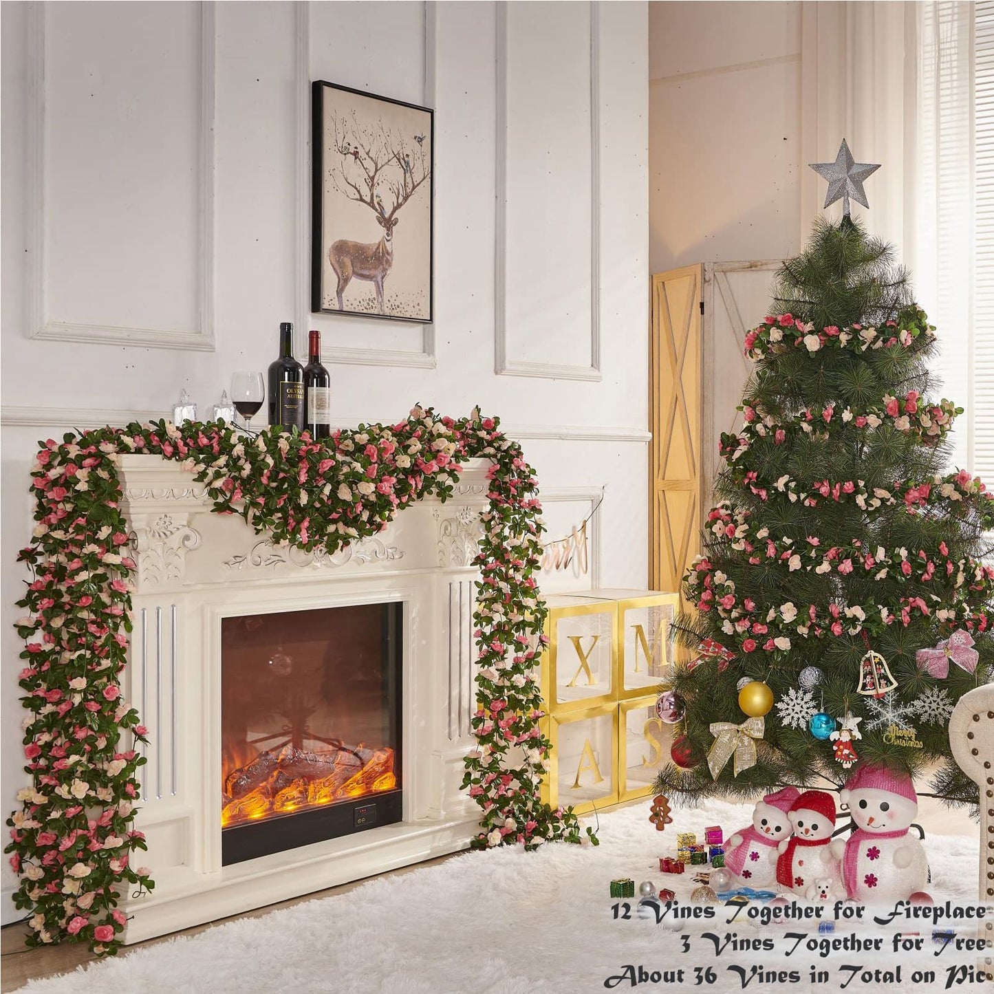 PONKING Flower Garland 8 Pcs x 8.2 ft Artificial Rose Vine Flowers with Green Leaves Hanging Fake Roses Vine for Room Party Home Wedding Birthday Christmas Wall Arch Decor, Spring Pink Flower