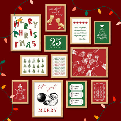 97 Decor Retro Christmas Prints Unframed - Trendy Christmas Posters For Room Aesthetic, Classic Holiday Artwork Winter Pictures, Funny Merry Xmas Painting Santa Pine Tree Gallery Wall Art For Bedroom