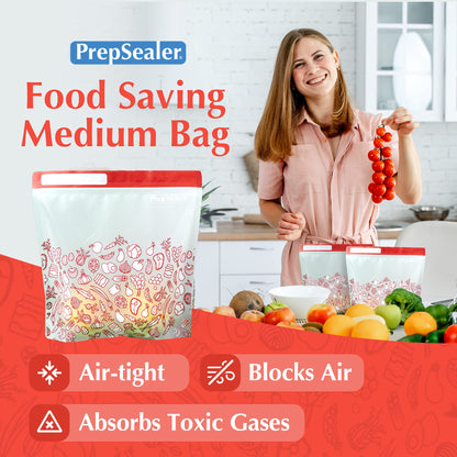 PrepSealer Reusable Food Storage Bags – Keep Fruits, Veggies & Meats Fresh Longer -10 Pieces (3 S, 3 M, 4 L)
