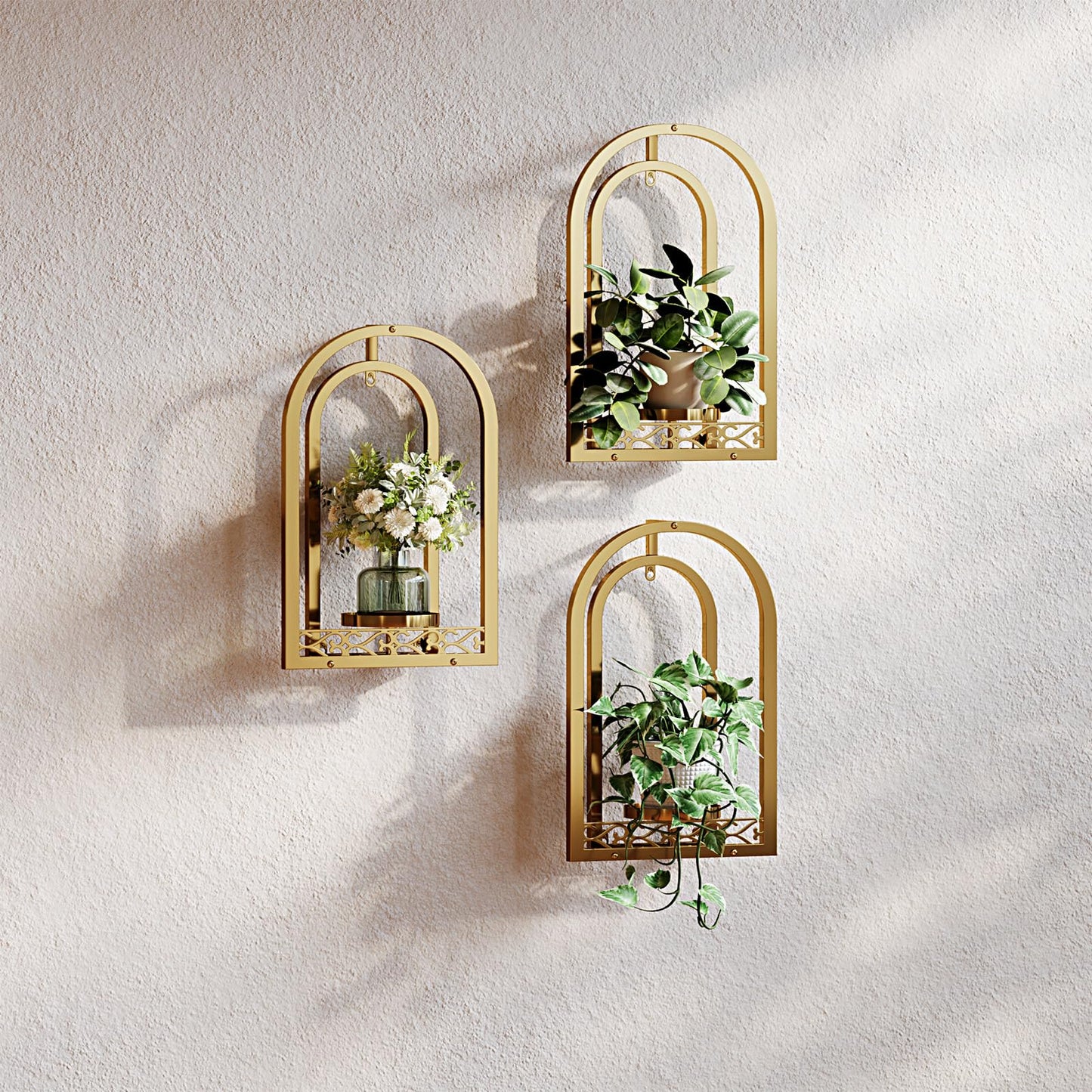 Rioneta Wall Hanging Planters, Modern Iron Frame for Indoor/Outdoor Plants, Stylish Decor for Living Room, Garden, Patio 3 Pack Gold（No Light）
