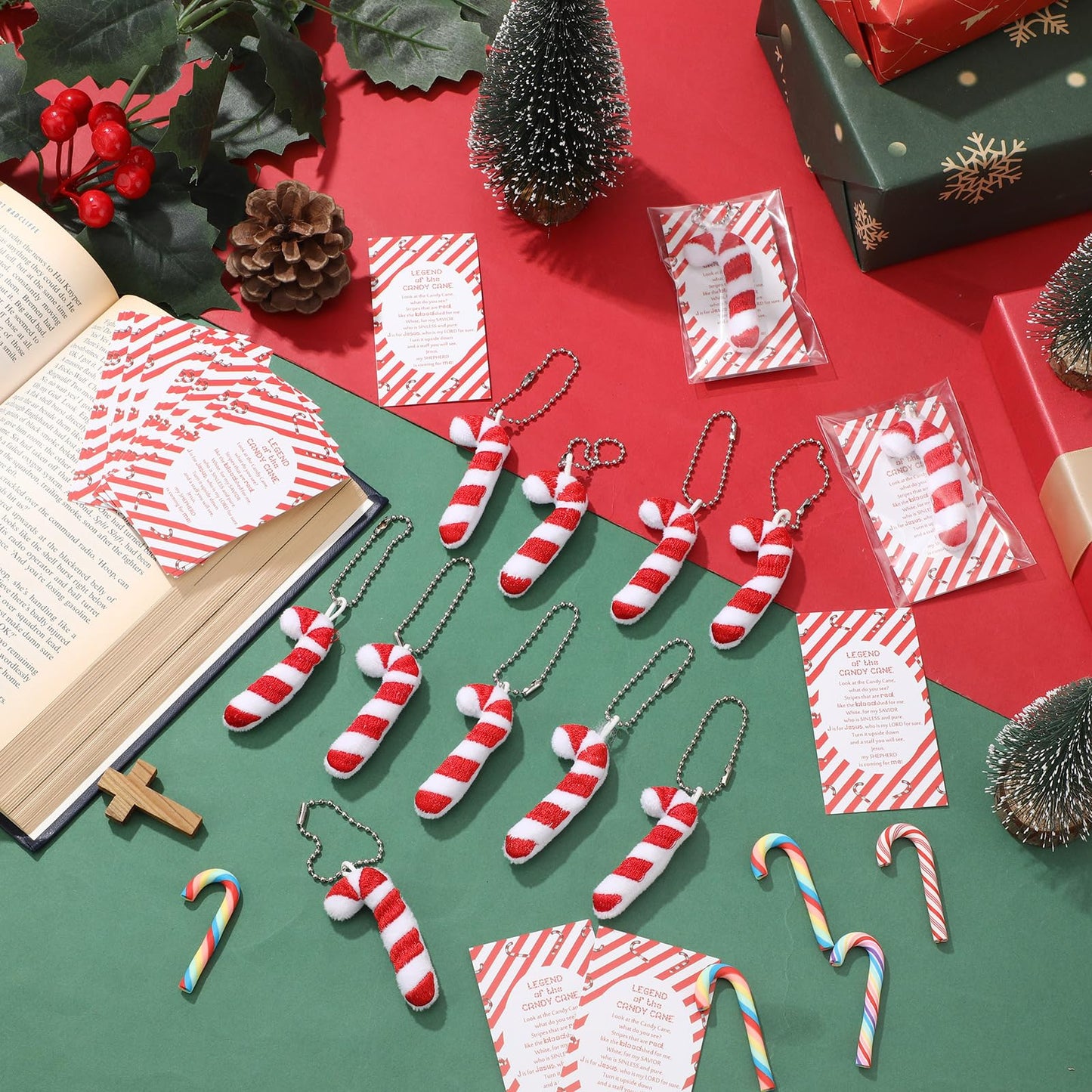 Soulchen 24 Set Christian Christmas Ornaments Bulk Candy Cane Ornaments with The Legend of The Candy Cane Cards for Church Christmas Stocking Stuffers Party Favor