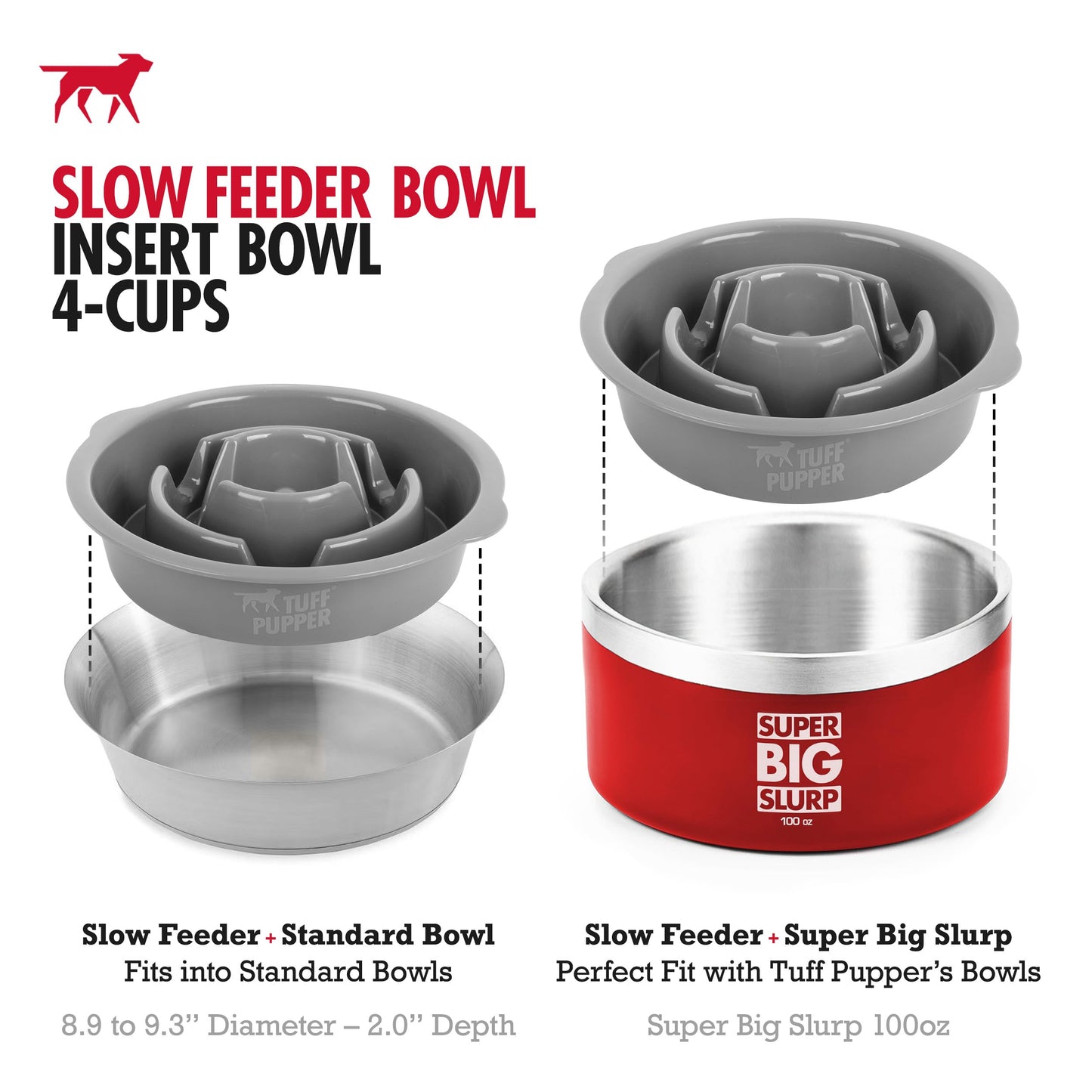 Tuff Pupper Slow Feeder Insert Bowl | Puzzle Maze Slows Down Eating | Elevated Feeder Tray Bowls | Standalone Dog Bowl | Pet Bowls Insert | Easy Clean Dishwasher Safe (4 Cups - Fits 8.9-9.3 Inch Hole)