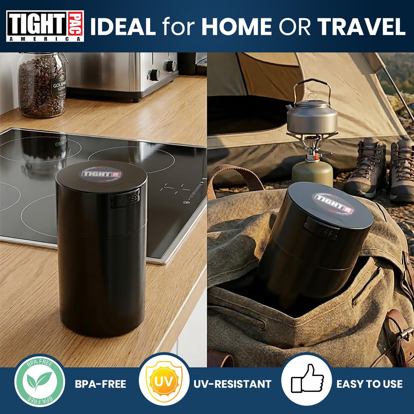 Tightvac 1 to 6 Ounce Airtight Container - Multi-use Storage Container for Herbs, Coffee and Dry Goods, Patented Vacuum Seal Airtight Containers, Black