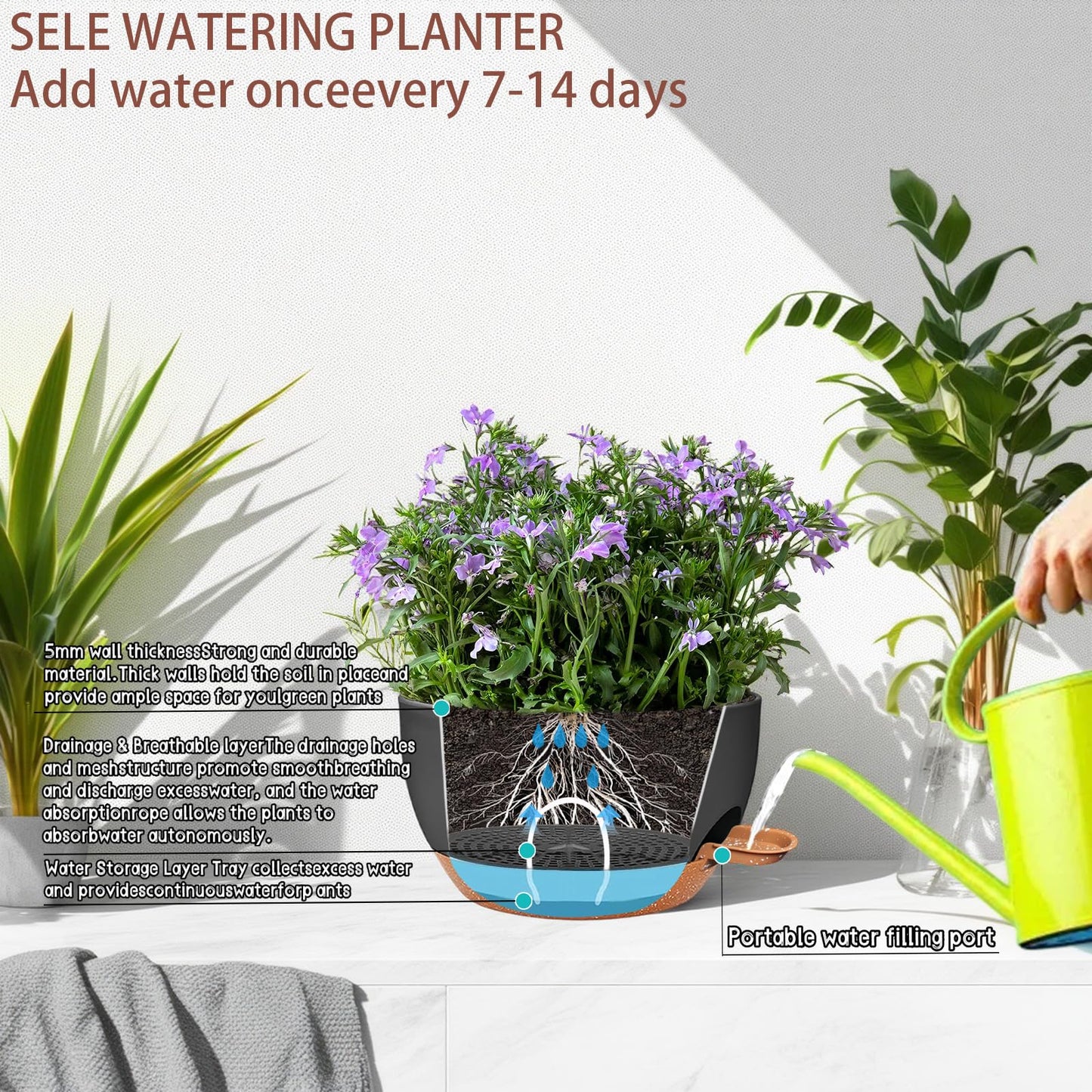 zople 2 Pack 12 Inch Self Watering Hanging Planters for Indoor Plants, Large Black Brown Plastic Hanging Pots with Chains for Outdoor Patio Garden Home Decor Black Brown