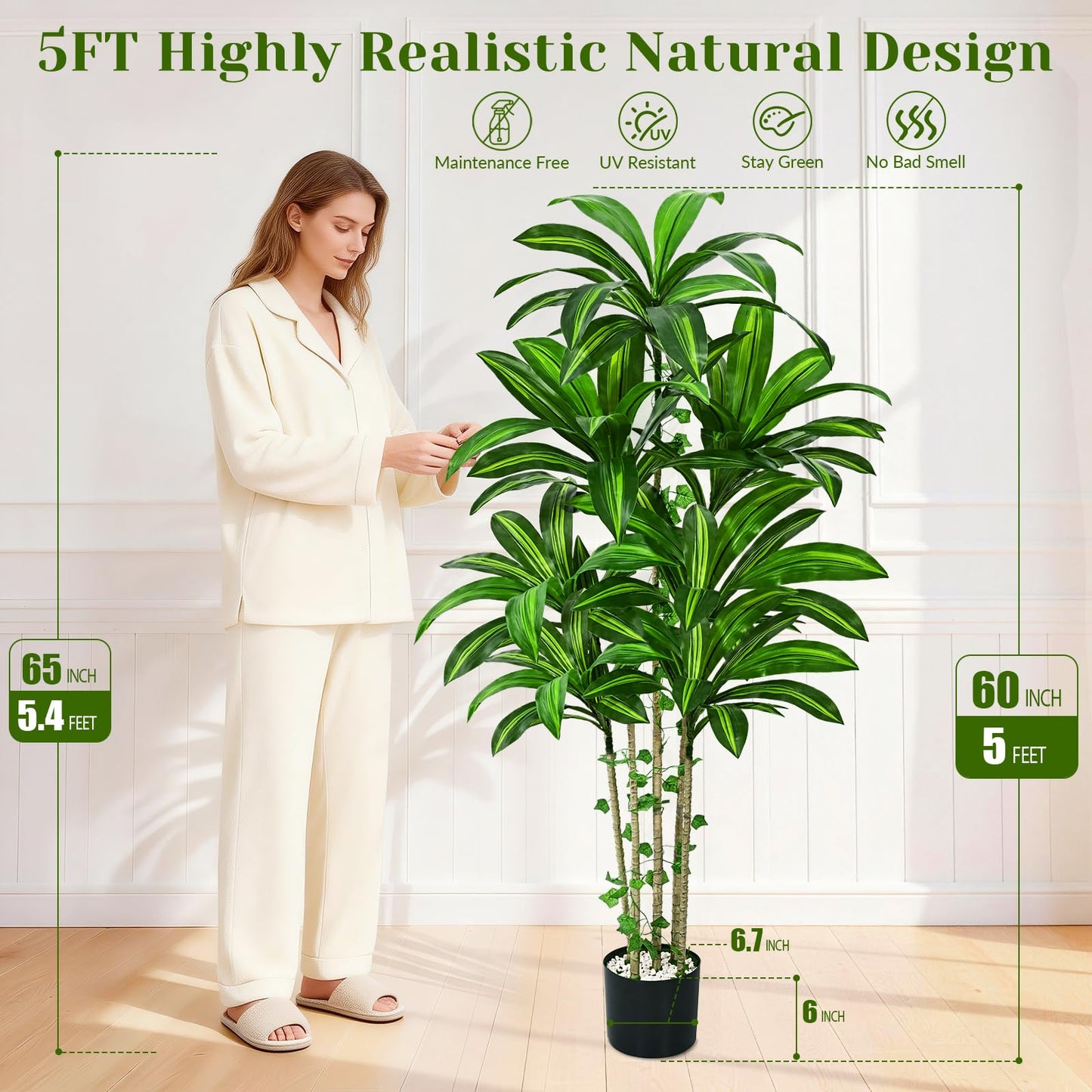Dolicer 5FT Tall Look Real Artificial Dracaena Tree Indoor with Black Planter, Realistic Artificial Fake Faux Indoor Plants with Natural Trunk and Lifelike Leaves for Home Office Living Room