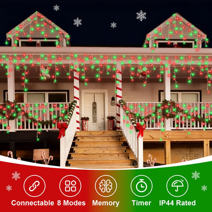 QITONG Red and Green Icicle Lights for Outside, 33ft 400 LED String Lights Indoor with 8 Modes, Clear Wire Connectable Icicle Christmas Lights Plug in