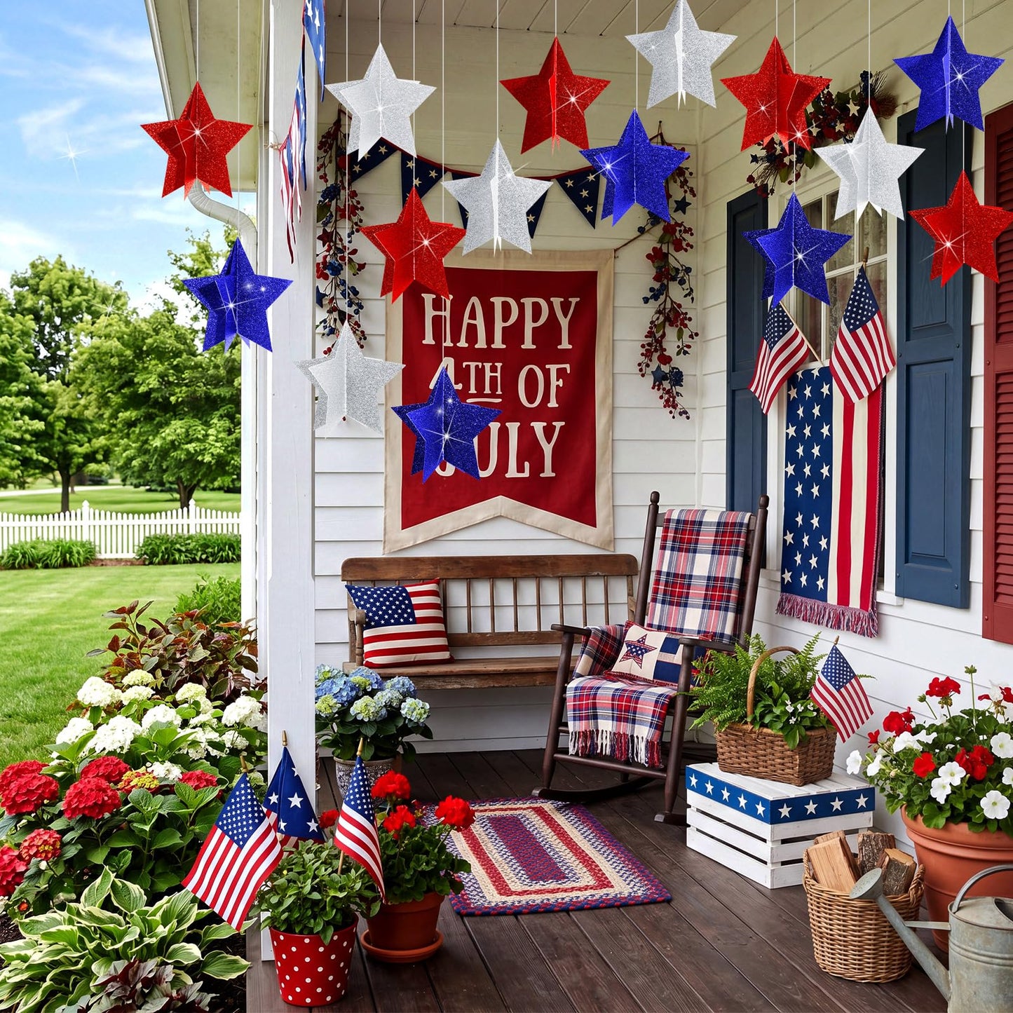 Novabright 18 Pcs 250th Anniversary Patriotic Star Hanging Decorations 4th of July 3D Glittering Red White and Blue Star Ornaments 4.7"x4.7" for Independence Day Party Indoor Outdoor Ceiling Decor