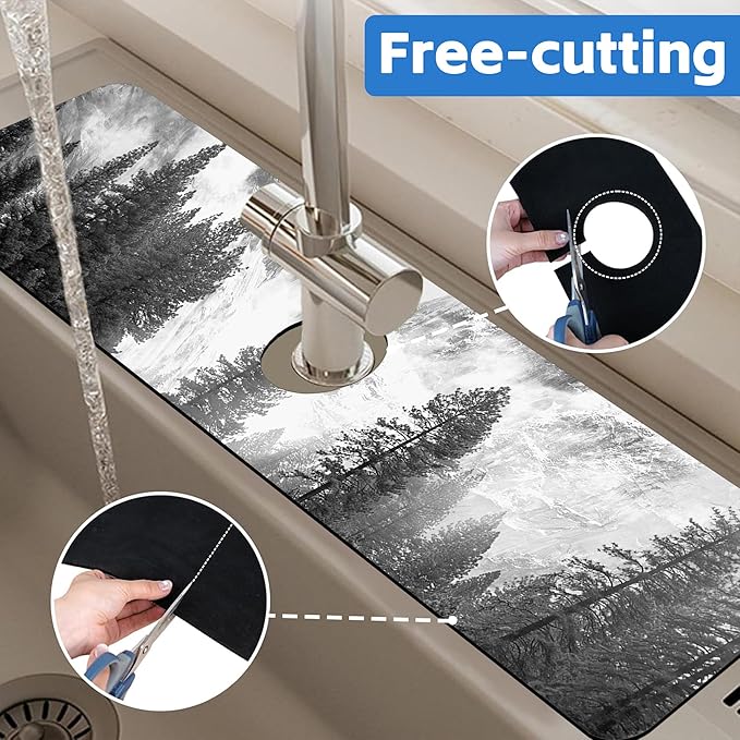 Winter Forest Mountain Sink Faucet Absorbing Mat Sink Splash Guard Faucet Mat
