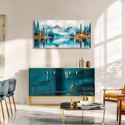 SLYCAY Large Mountain Wall Art Forest Landscape Prints, Blue Nature Scenery Lake Pictures Wall Decor Misty Forest Golden Painting Modern Artwork Living Room Bedroom Office 20"X40"