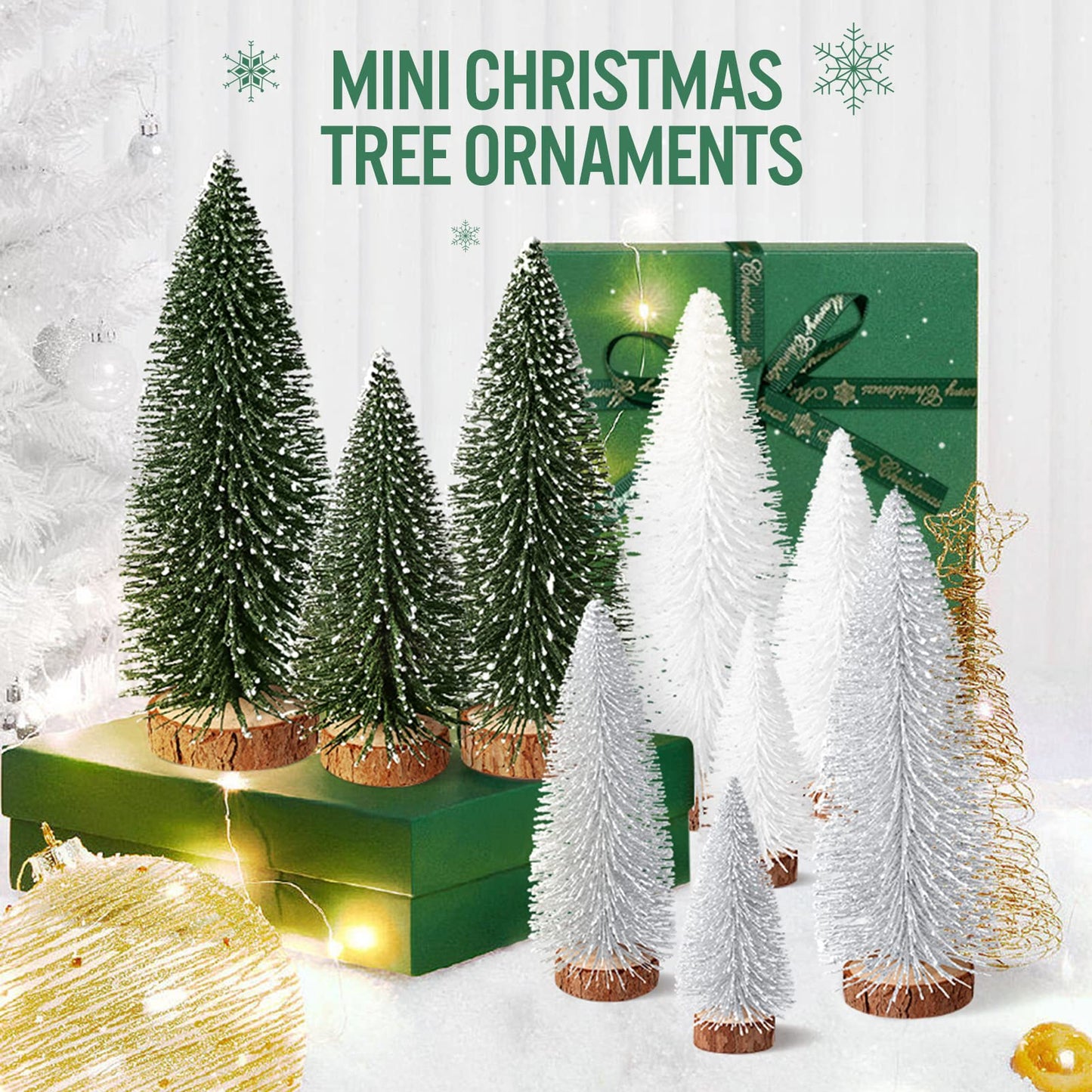 9Pcs Mini Bottle Brush Christmas Trees in 4 Sizes - Green, Silver, White Table Decorations