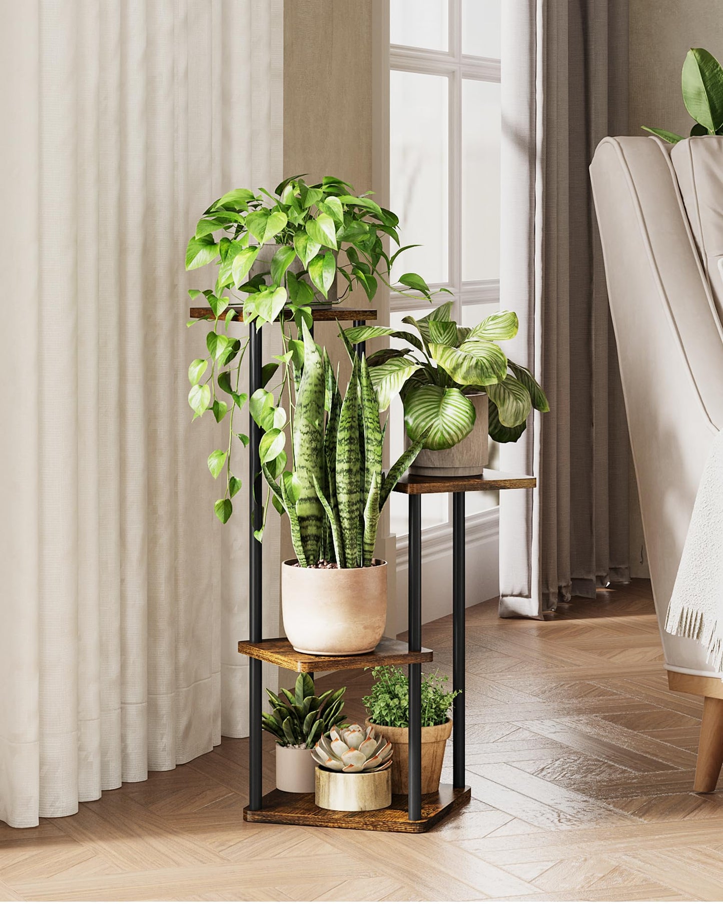 GENTINGBRO Tall Plant Stand Indoor 4 Tiered Plant Shelf for Multiple Plants Coner Shelf Stand Wood Plant Stand Metal Shelving for Living Room Bedroom Balcony Patio Brown Oak