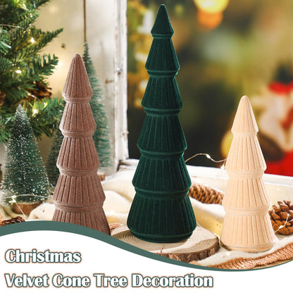 Bucherry 3 PCS Velvet Christmas Tree Figurines Decoration - 8" 10" 14" Modern Cone Christmas Tabletop Home Rustic Centerpiece Set for Winter Holiday Mantel Entryway Party Decor(Green and Khaki)