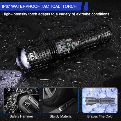 Torches LED Super Bright 500000 Lumen Rechargeable with LCD Power Display and 5000 mAh, Zoomable, IP67, Powerful, 5 Light Modes, High Power Torch for Camping, Hiking, Dog Walking