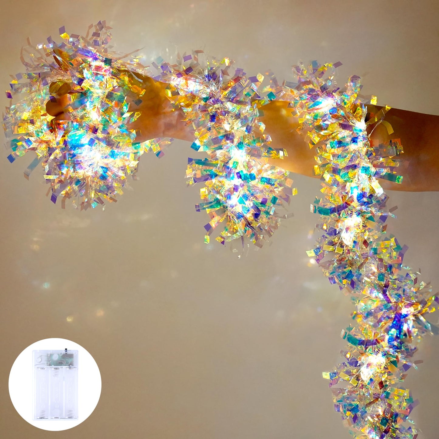 Christmas Garland with Lights, 6.5FT Iridescent Tinsel Garlands Battery Operated, Shiny Tinsel Foil Garland Indoor Hanging Home Decor, Garland for Wedding Birthday Holiday New Years Eve Party Supplies