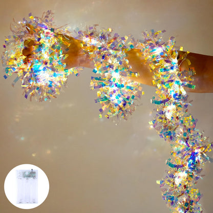 Christmas Garland with Lights, 6.5FT Iridescent Tinsel Garlands Battery Operated, Shiny Tinsel Foil Garland Indoor Hanging Home Decor, Garland for Wedding Birthday Holiday New Years Eve Party Supplies