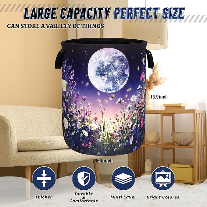 Moon Laundry Basket Oxford Cloth Night Sky Colorful Floral Butterfly Laundry