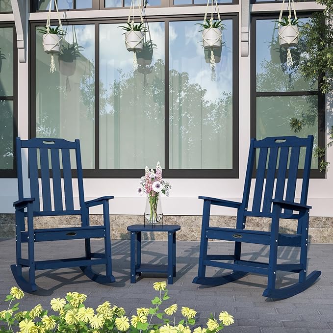 Oversized Rocking Chair Set of 2, Outdoor Rocking Chair for Adults, All Weather Resistant Porch Rocker for Lawn Garden, Navy Blue